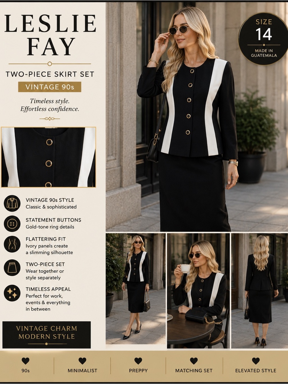 Vintage Leslie Fay Black Ivory Colorblock Skirt Suit Set Size 14 90s